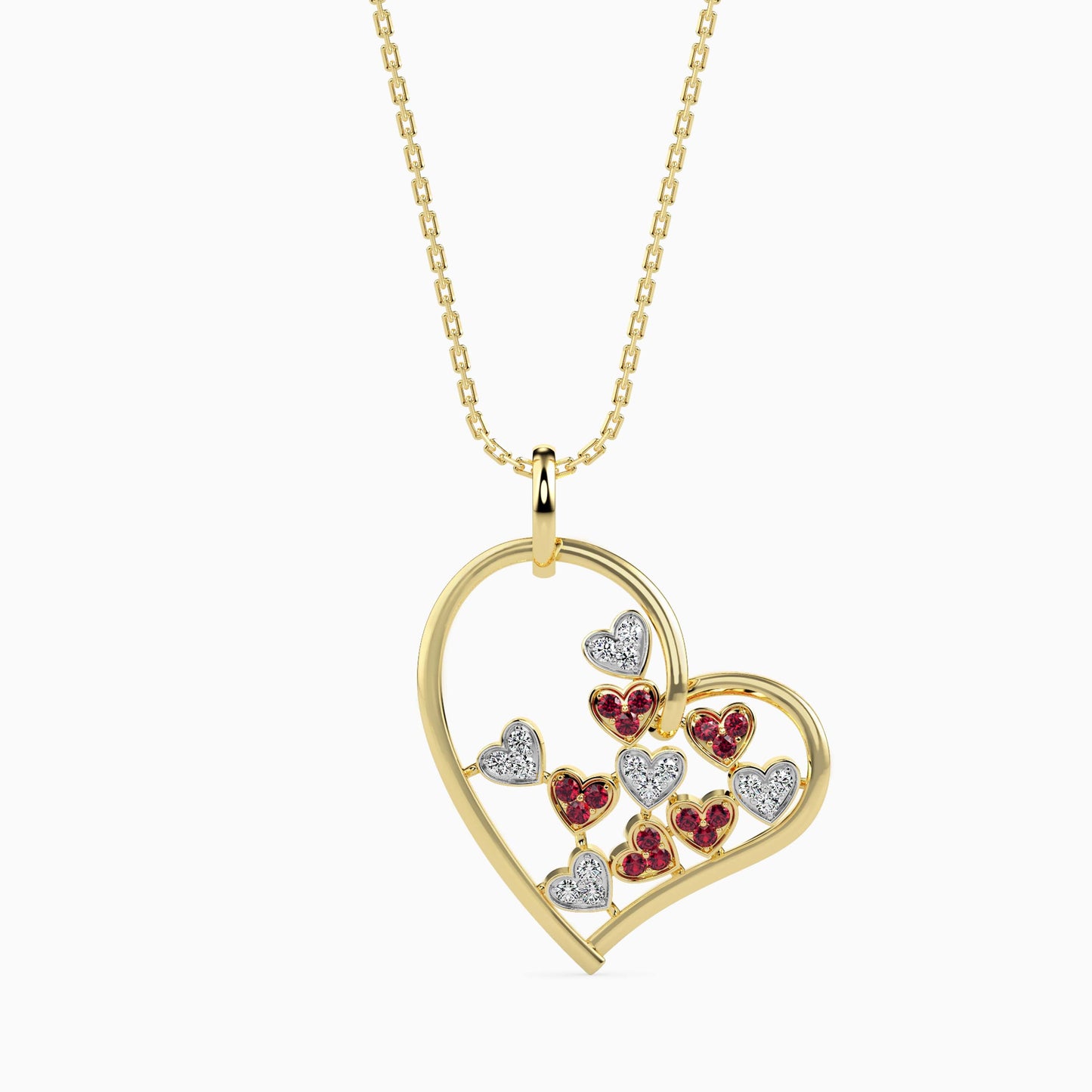 golden heart pendant with little red and white hearts