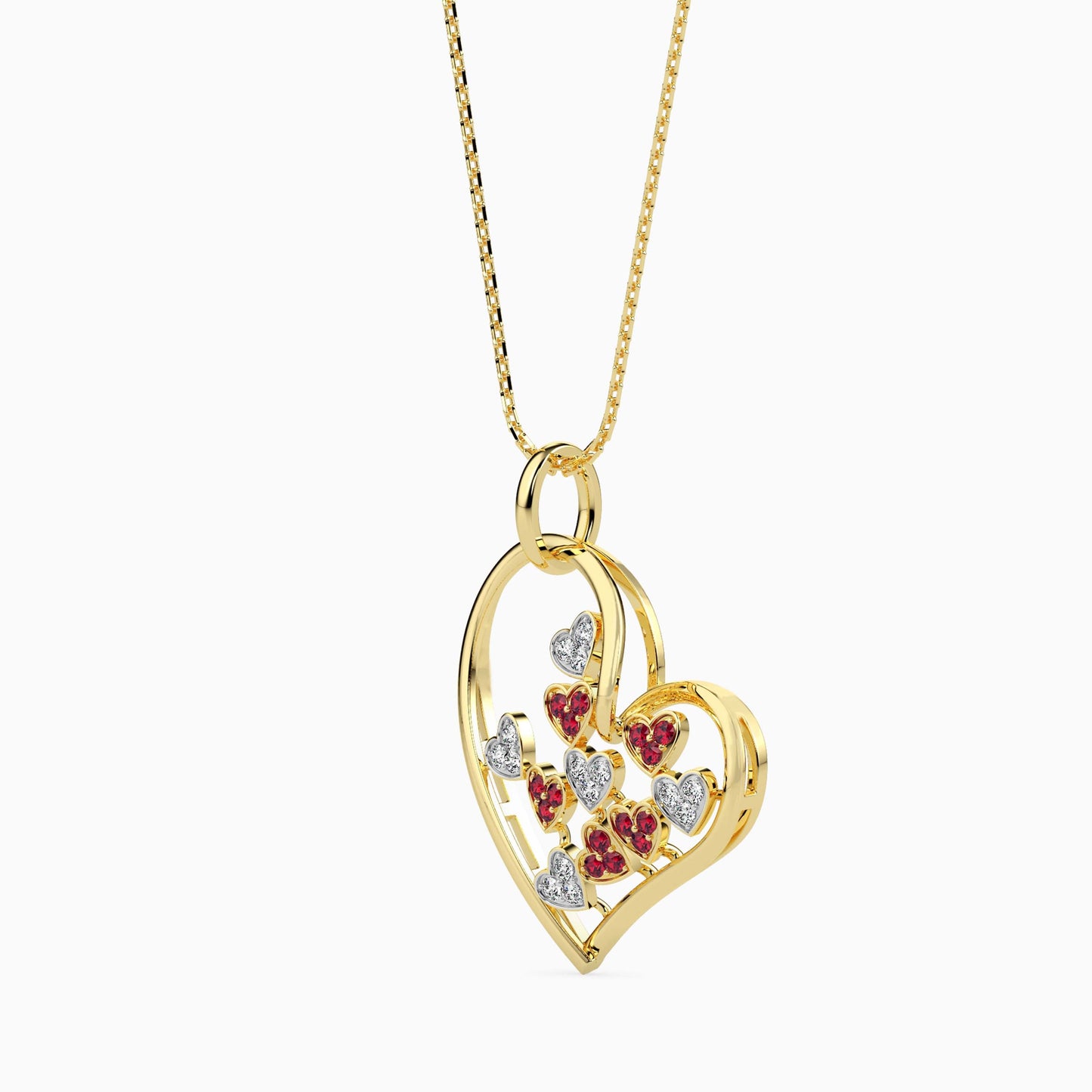 golden heart pendant with little red and white hearts
