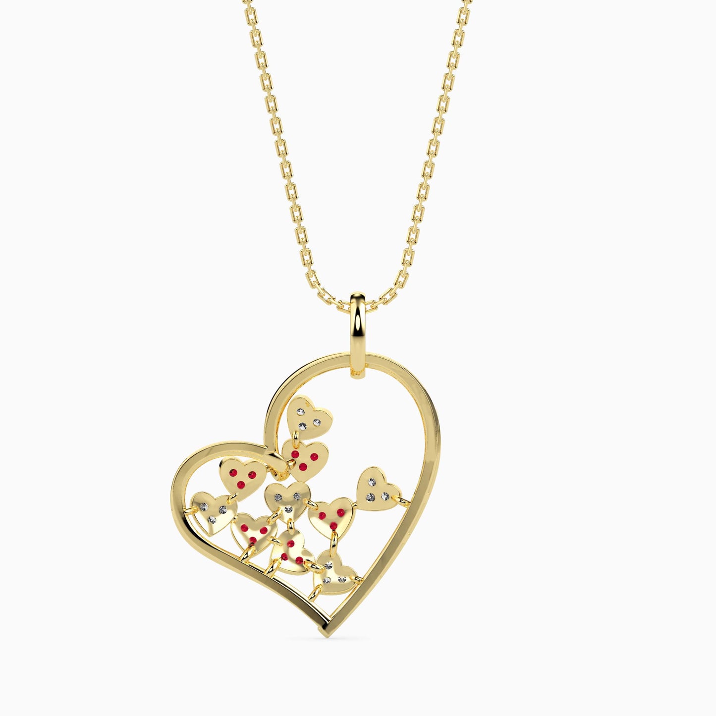 golden heart pendant with little red and white hearts