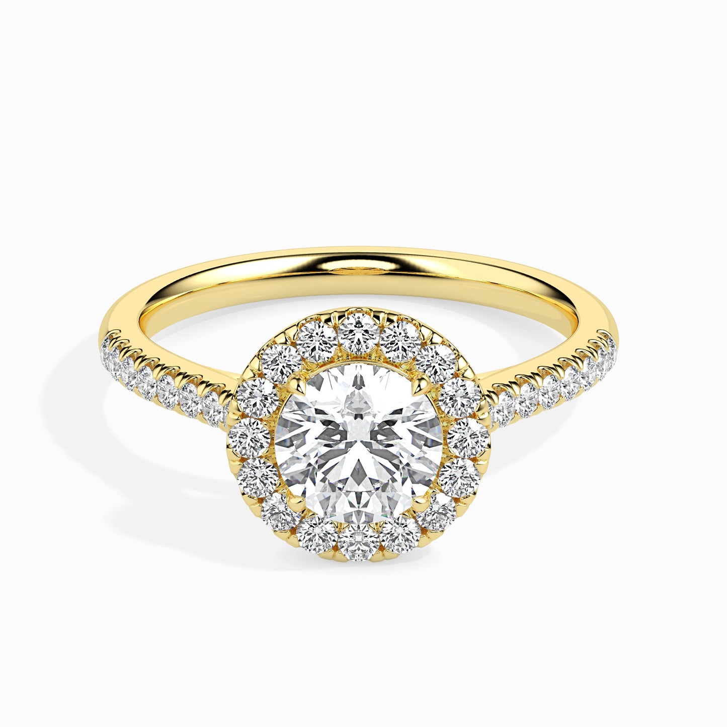 luminous bond round cut solitaire engagement ring with diamond halo and sidestones