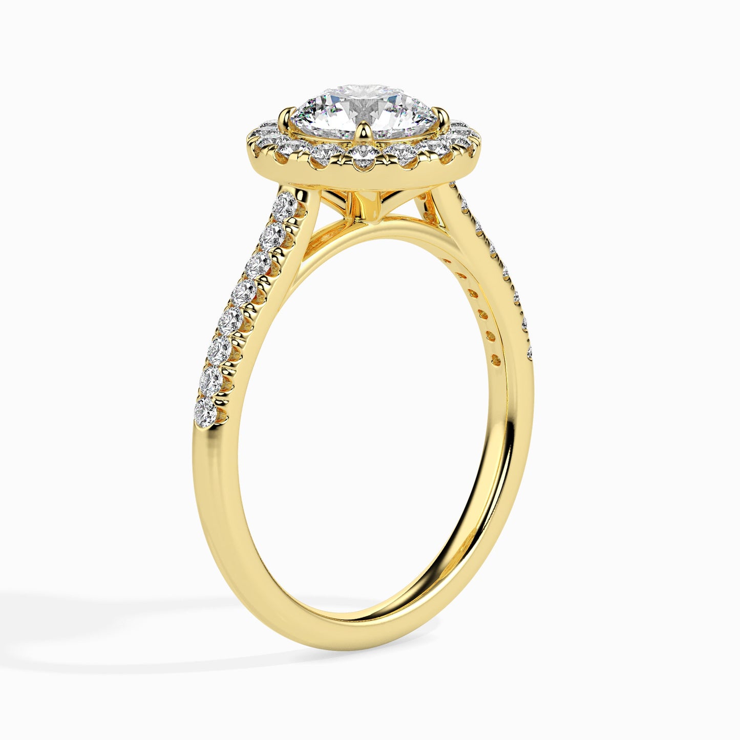 luminous bond round cut solitaire engagement ring with diamond halo and sidestones